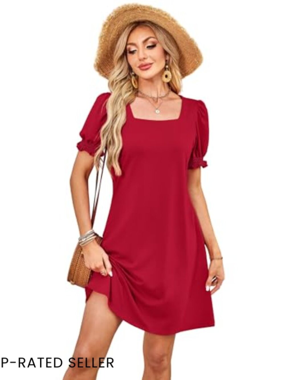 Square Neck Puff Sleeve Casual Dress with Pockets Chic Summer A-Line - Picture 2 of 7